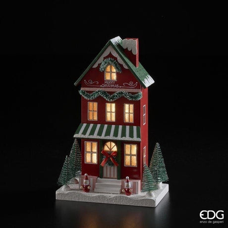 EDG Enzo De Gasperi Weihnachtshaus mit LED aus Holz H27,5 cm Grün Rot – Weihnachtsdekoration