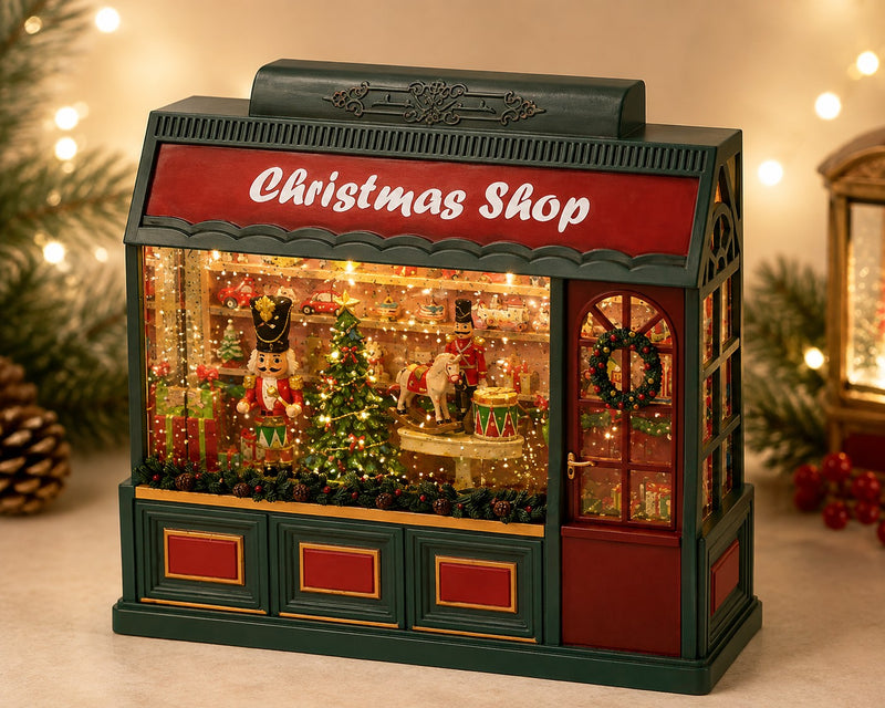 EDG Enzo De Gasperi Negozio Natalizio LED H22x22x8 cm Verde Rosso con Musica, Movimento e Luci – Decorazione di Natale