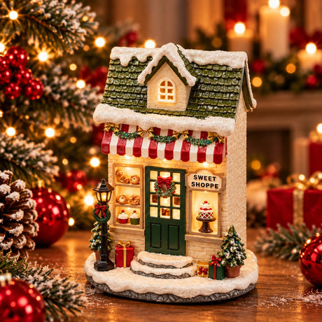 EDG Enzo De Gasperi Diorama Häuschen Weihnachtsdekorationin Grün und Rot mit LED 17x12xH24 cm – Weihnachtsdekoration