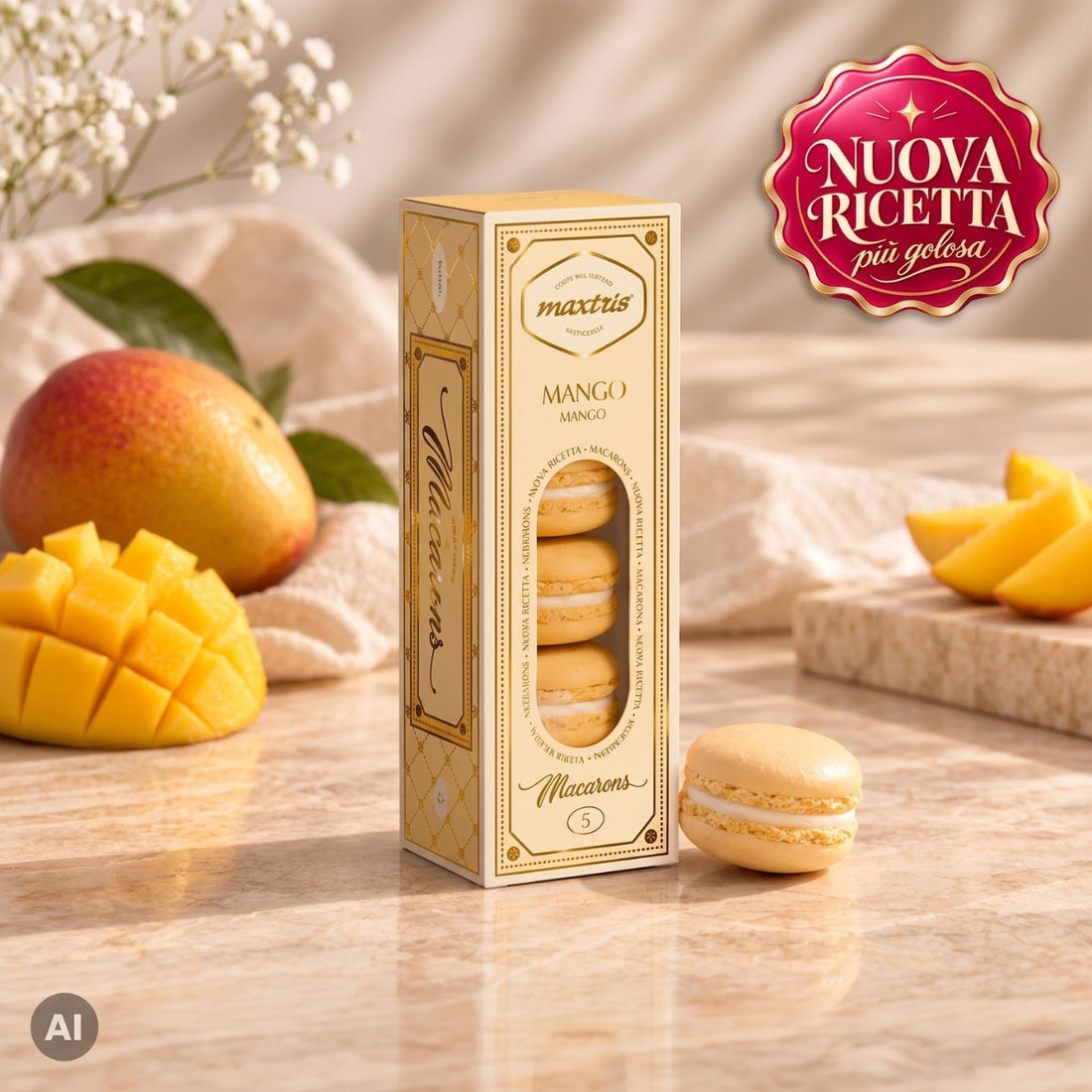 Maxtris 5 Macarons mit Mangogeschmack, glutenfrei – Französisches Feingebäck 70 g