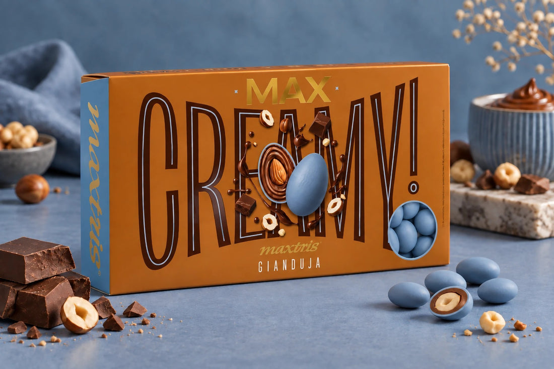 Maxtris Dragees Creamy Max Gianduia Zuckerpapier 1 kg – Cremige Dragees mit Gianduia-Geschmack für Hochzeiten, Zeremonien, Feste und Drageeboxen