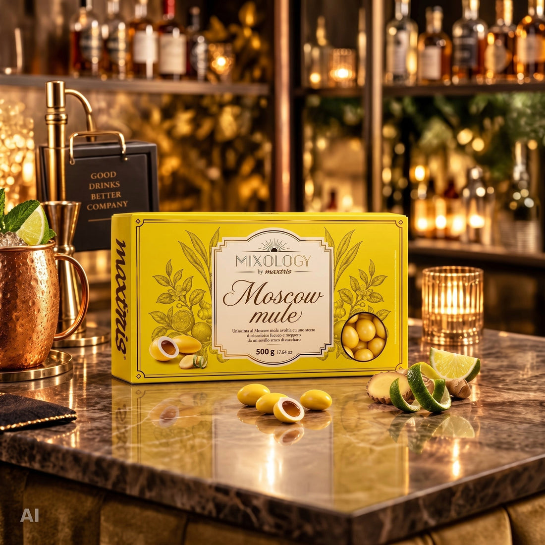 Maxtris Dragees Mixology Moscow Mule 500 g – Gelbe Dragees aus weißer Schokolade mit Füllung im Moscow Mule-Geschmack für Feste und Events