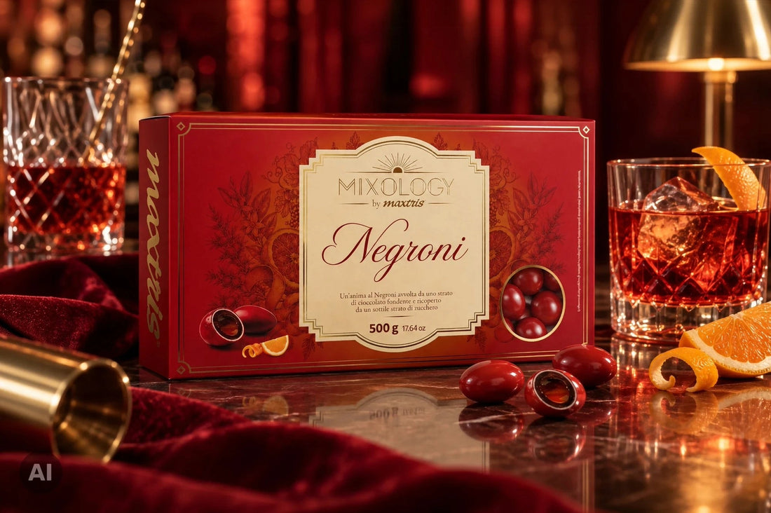 Maxtris Dragees Mixology Negroni 500 g – Rote Dragees aus dunkler Schokolade mit alkoholischem Negroni-Geschmack für Feste, Zeremonien und Veranstaltungen