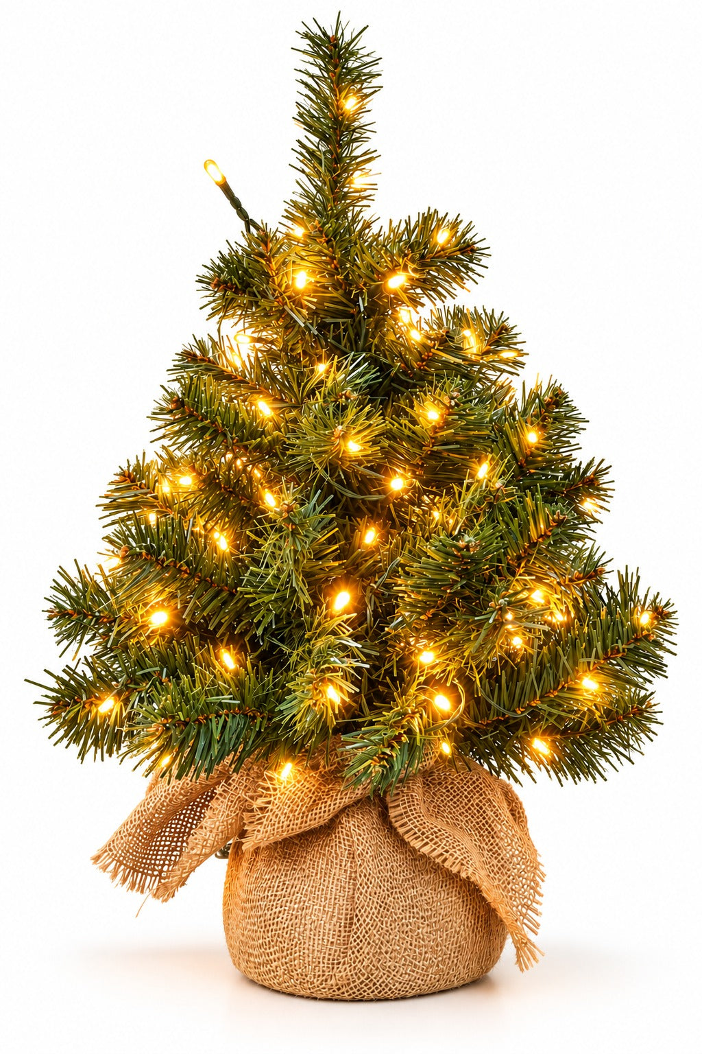 Künstlicher Weihnachtsbaum Grün mit 120 LED-Leuchten G 60 cm Warmweiß und Basis aus Jute – Mini leuchtender dekorativer Weihnachtsbaum für zu Hause