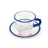 WD LifeStyle Set 2 Tassen 230 ml aus Glas mit Untertasse Dekoration "Take it slow" und "Keep it chill" Rosa Blau