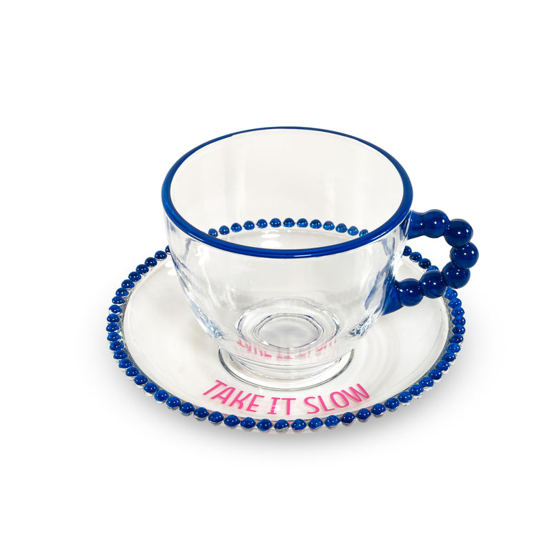 WD LifeStyle Set 2 Tassen 230 ml aus Glas mit Untertasse Dekoration "Take it slow" und "Keep it chill" Rosa Blau