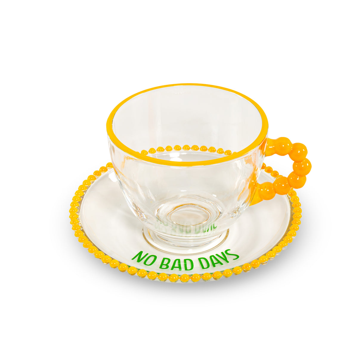 WD LifeStyle Set 2 Tassen 230 Ml aus Glas mit Untertasse Dekoration "Good energy only" und "No bad days" Gelb Grün