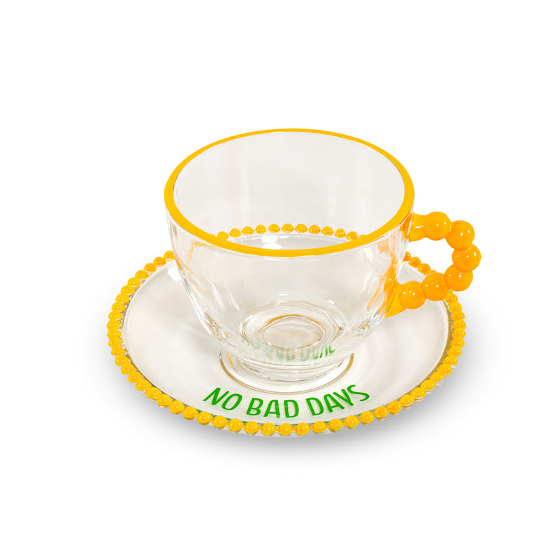 WD LifeStyle Set 2 Tassen 230 Ml aus Glas mit Untertasse Dekoration "Good energy only" und "No bad days" Gelb Grün
