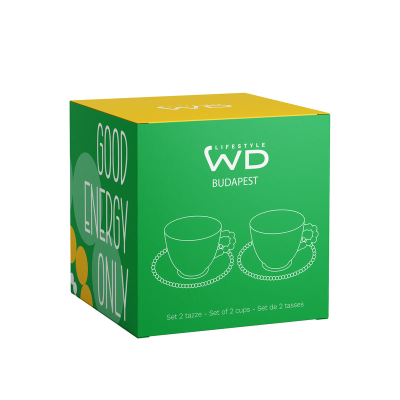 WD LifeStyle Set 2 Tassen 230 Ml aus Glas mit Untertasse Dekoration "Good energy only" und "No bad days" Gelb Grün