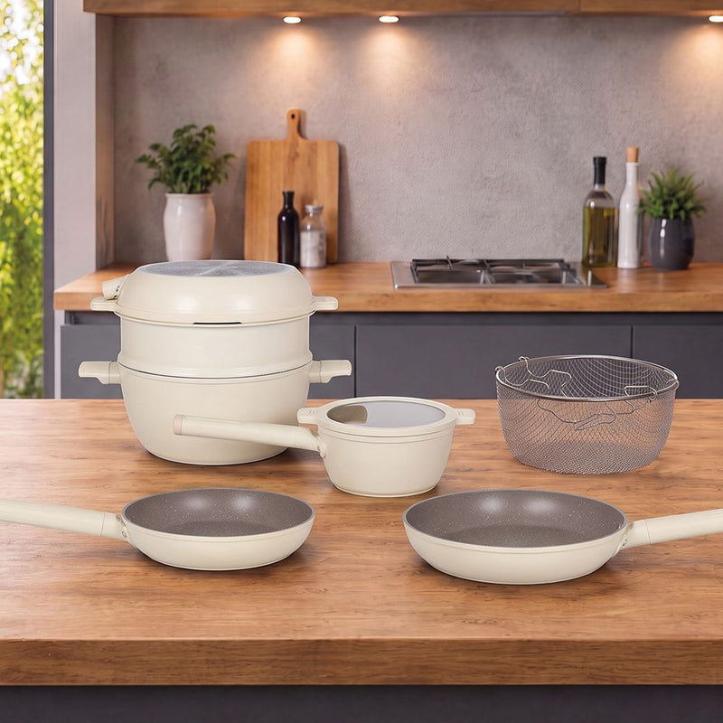 Tognana Batteria di Pentole 11 Pezzi  Modulo Champagne in Alluminio Beige – Set Pentole e Casseruole per la Cucina