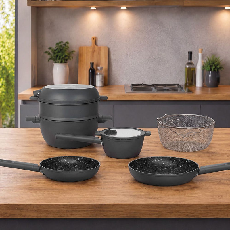 Tognana Batteria di Pentole 11 Pezzi  Modulo Dark Grey in Alluminio Beige – Set Pentole e Casseruole per la Cucina