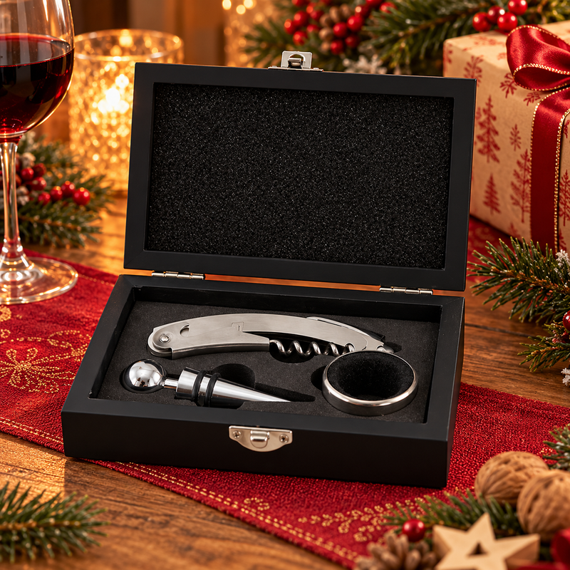 L'Arcolaio Wooden Set Vino 3 Pezzi – Cofanetto Rettangolare Nero con Accessori per Vino, Elegante Idea Regalo