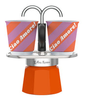 Bialetti Mini Moka Express Set mit 2 Weißen Orangefarbenen Tassen