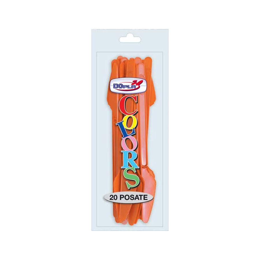 Coltelli monouso arancio Dopla in plastica alimentare resistente, conf. 20 pz: igienici, pronti all'uso. Ideali per feste, picnic e catering.