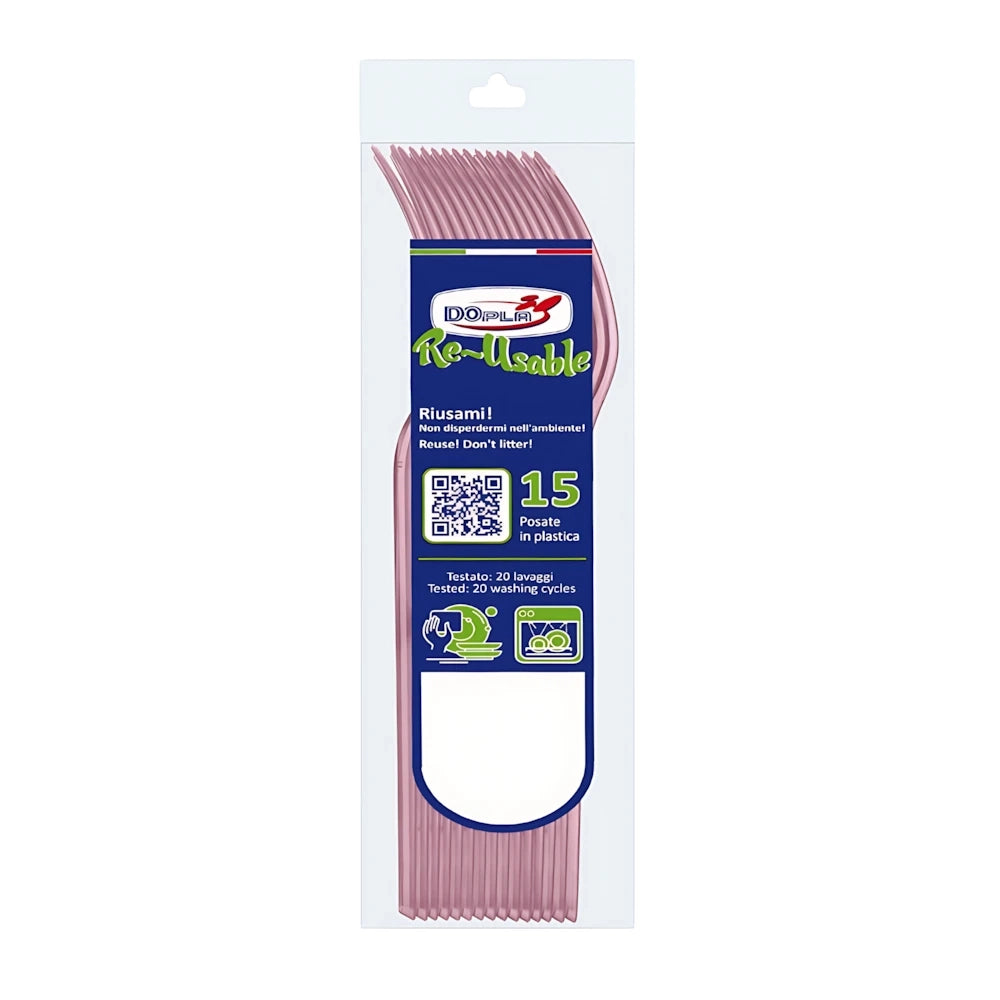 Posate riutilizzabili per feste ed eventi: forchette Dopla Compact rosa, 18 cm, lavabili in lavastoviglie, 15 pz. 