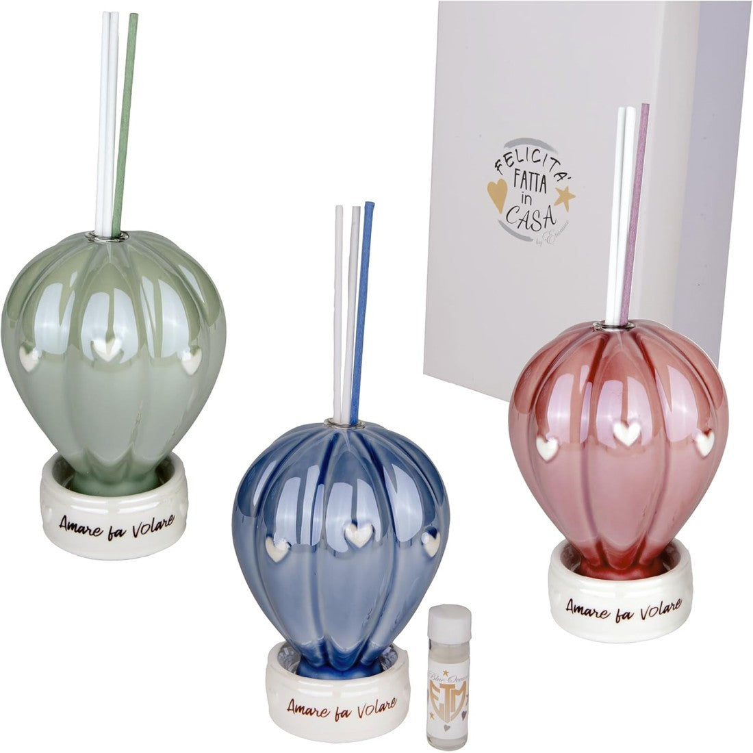 Bomboniera diffusore mongolfiera Etm in porcellana 11 cm, 3 varianti colore. Pezzo singolo: contattaci per disponibilità.