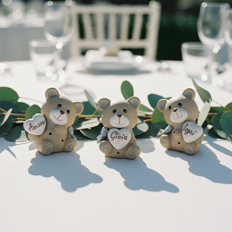 Orso LED in resina e porcellana Etm: bomboniera nascita maschietto elegante e luminosa. Disponibile in 3 varianti, contatta prima.