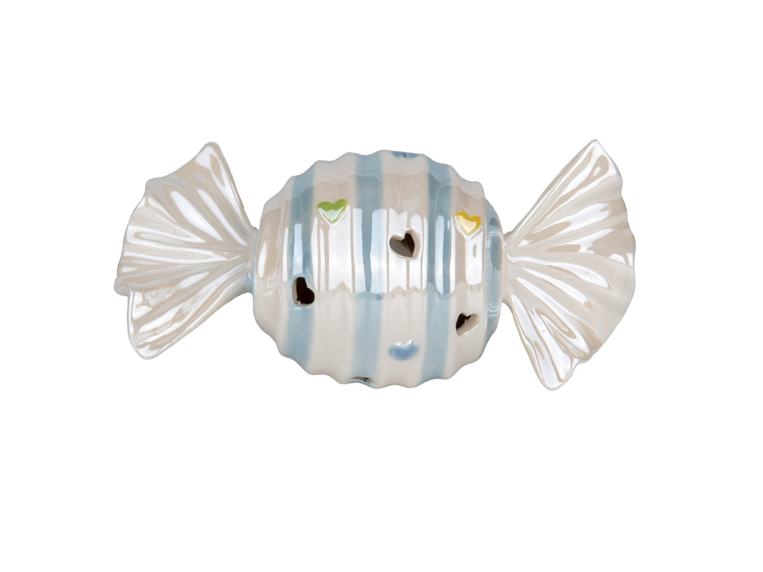 Illumina camerette e battesimi con la candy caramella baby Etm in porcellana celeste con LED, H. 15 cm. Bomboniera luminosa originale.