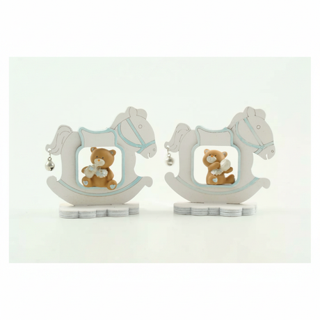 Orsetto cavalluccio in resina cielo Etm 9 cm: bomboniera nascita maschietto in conf. da 12 pz. Decorativo e duraturo.