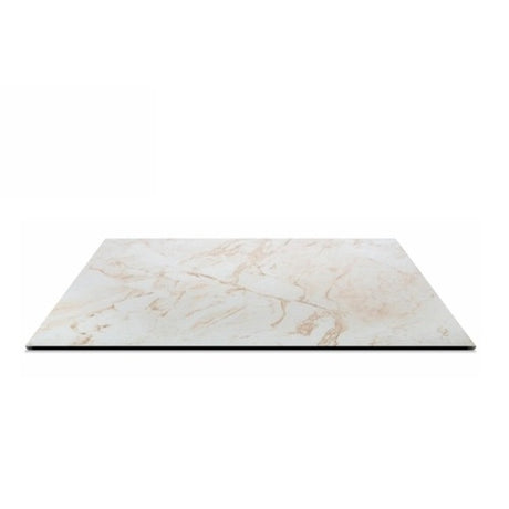 Piano tavolo HPL 70×70 cm sp. 10 mm finitura Calacatta effetto marmo bianco, antigraffio e impermeabile. Made in Italy per bar e hotel.