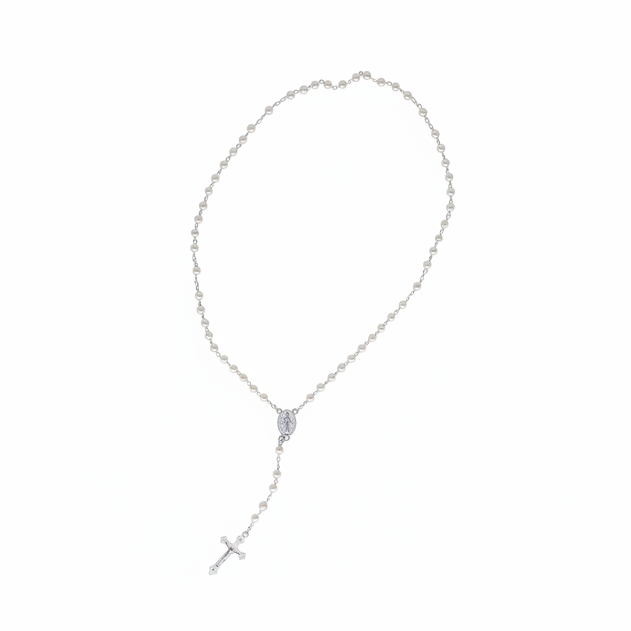 Rosario classico con perle in plastica e croce pendente 8,5 cm. Elegante, leggero, ideale per doni religiosi e cerimonie.