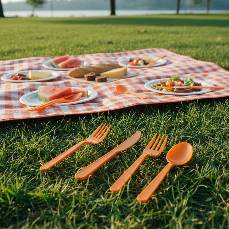 Coltelli monouso arancio Dopla in plastica alimentare resistente, conf. 20 pz: igienici, pronti all'uso. Ideali per feste, picnic e catering.