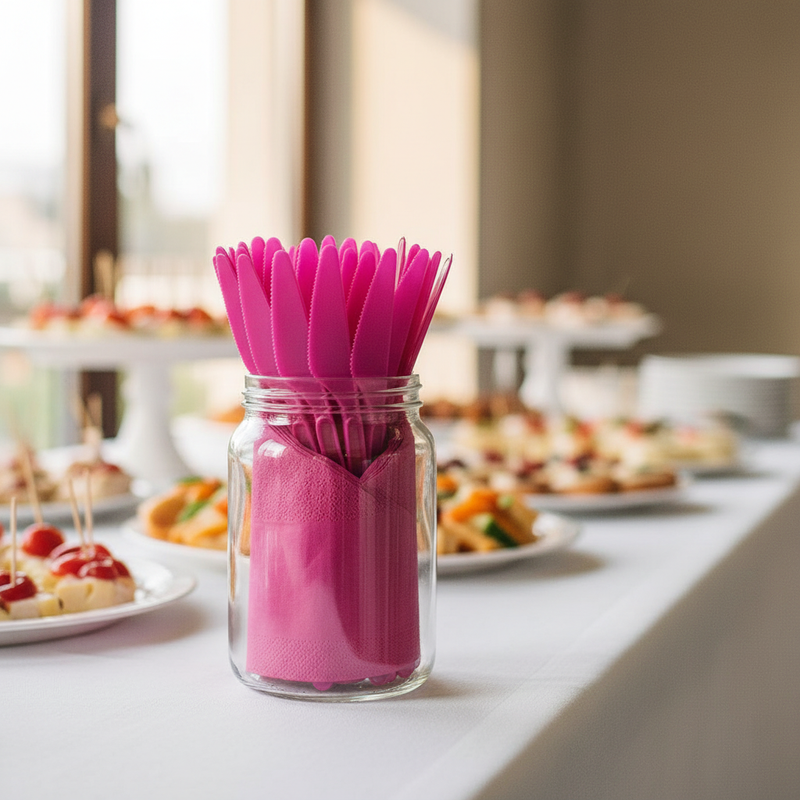 Coltelli monouso fucsia Dopla in plastica alimentare resistente, conf. 20 pz: igienici, pronti all'uso. Ideali per feste, picnic e catering.