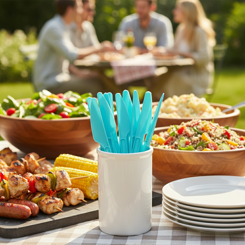 Coltelli monouso turchese Dopla in plastica alimentare, conf. 20 pz: igienici, pronti all’uso per feste e picnic.