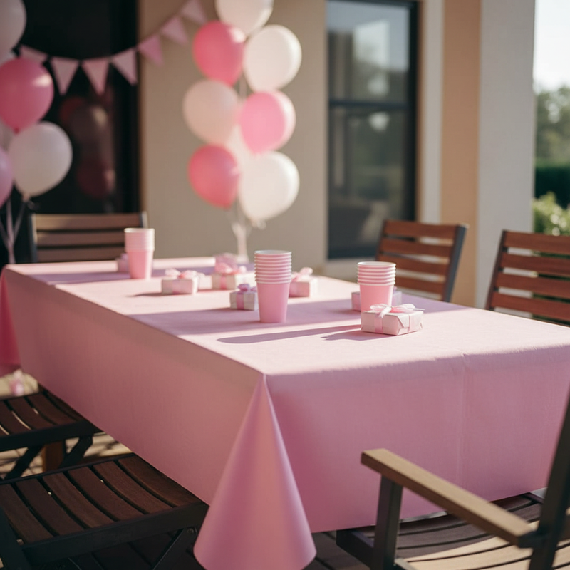 Tovaglia rotolo carta rosa Dopla 1,20×7m monouso €3,75. Copre 7m di tavolo per battesimi, baby shower e feste bimbe. ean 8008650471197