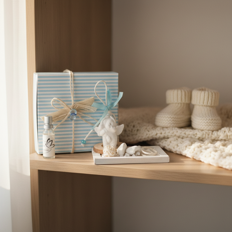 Decora con stile: angelo in gesso bianco con base legno e diffusore profumo, celeste, 12×9×7 cm. Perfetto come bomboniera. 