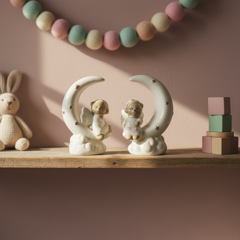 Bomboniera orsetto angelo luna rosa Etm in ceramica 11 cm per battesimo e nascita. 2 varianti: contattaci.