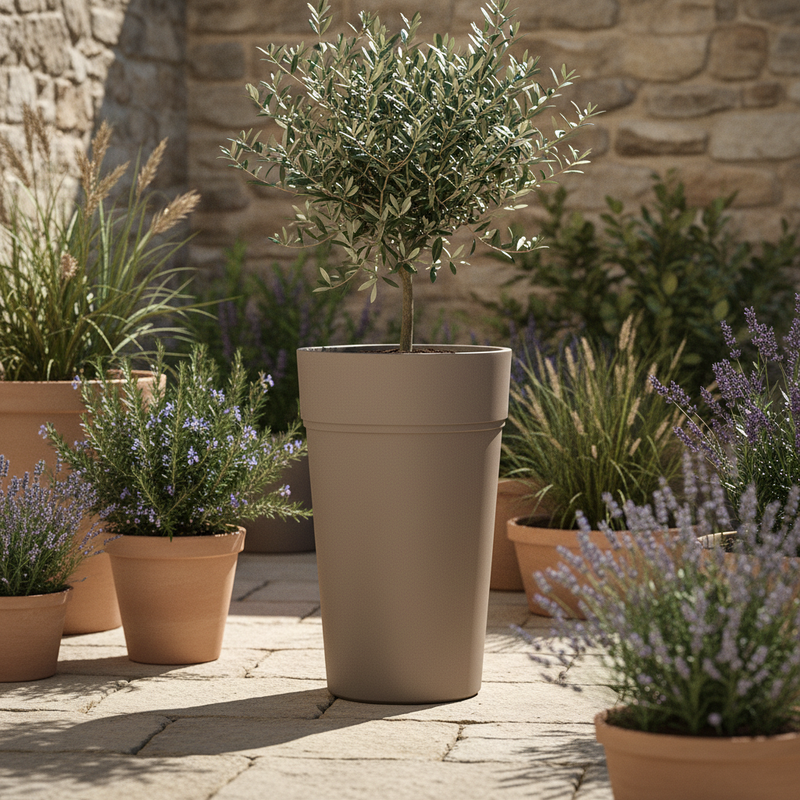 Vaso da esterno TeraPlast Stem 65, resina Sand D 38× H65 cm, lampadina inclusa, UV e −30°/+60°C. Perfetto per spazi outdoor e ingressi ean-8051560045057
