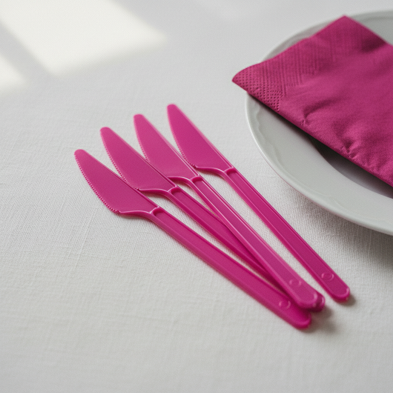 Coltelli monouso fucsia Dopla in plastica alimentare resistente, conf. 20 pz: igienici, pronti all'uso. Ideali per feste, picnic e catering.