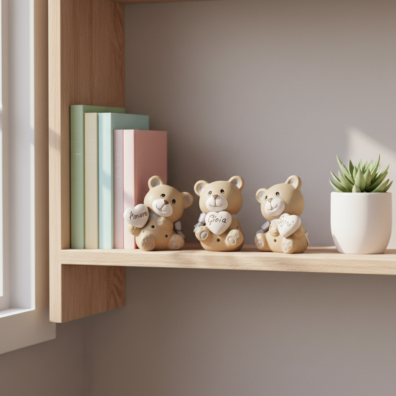 Orso LED in resina e porcellana Etm: bomboniera nascita maschietto elegante e luminosa. Disponibile in 3 varianti, contatta prima.