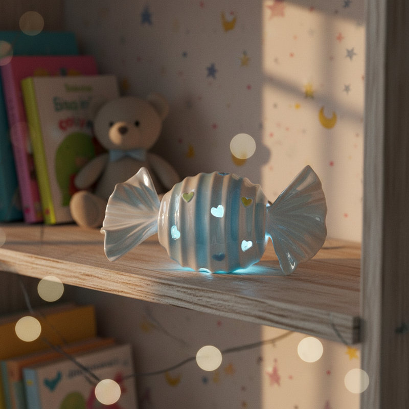 Illumina camerette e battesimi con la candy caramella baby Etm in porcellana celeste con LED, H. 15 cm. Bomboniera luminosa originale.
