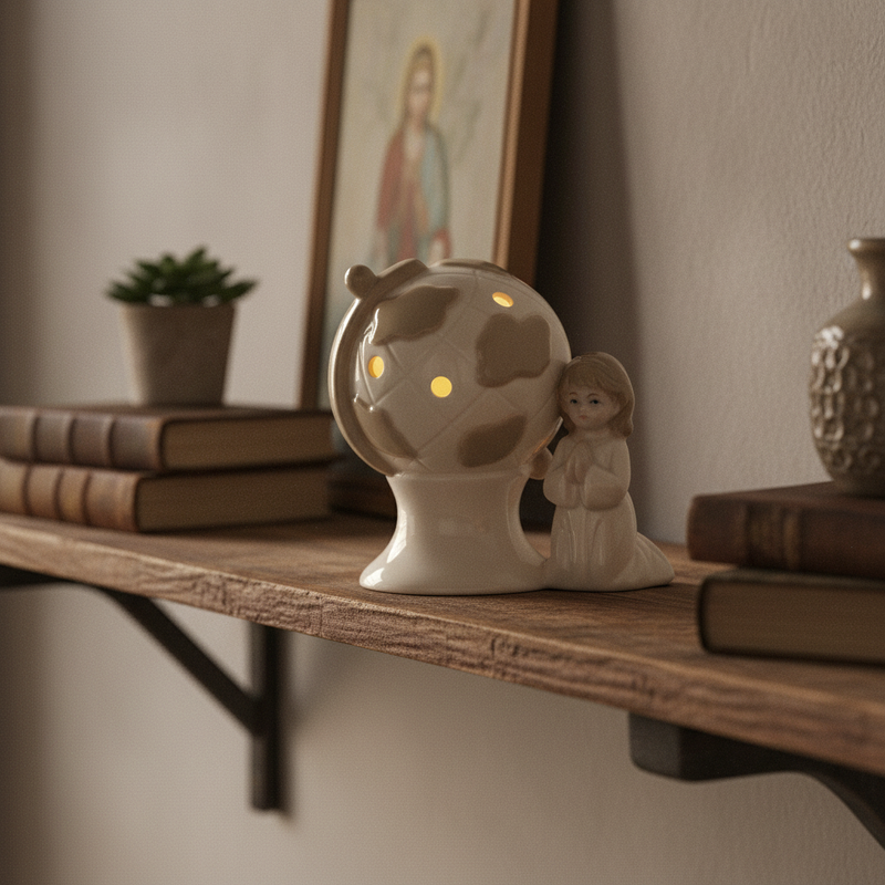 Bomboniera mappamondo LED Prima Comunione bambina Etm in porcellana 10 cm. Luce integrata, pronta all’uso.