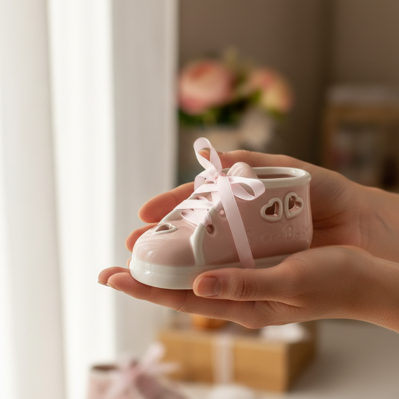 Bomboniera scarpina baby Etm colore rosa 10 cm per nascita e battesimo bimba. Pezzo singolo, contattaci.