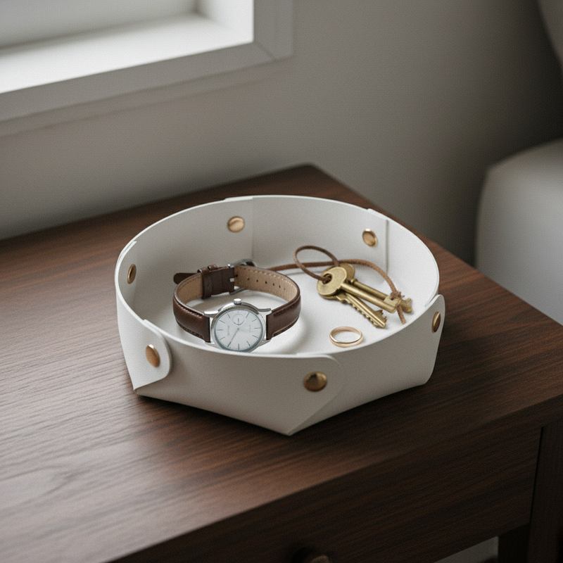 Svuota tasca tondo Etm ecopelle bianco Ø 18 cm: porta chiavi, gioielli e monete con stile. Bomboniera e regalo.