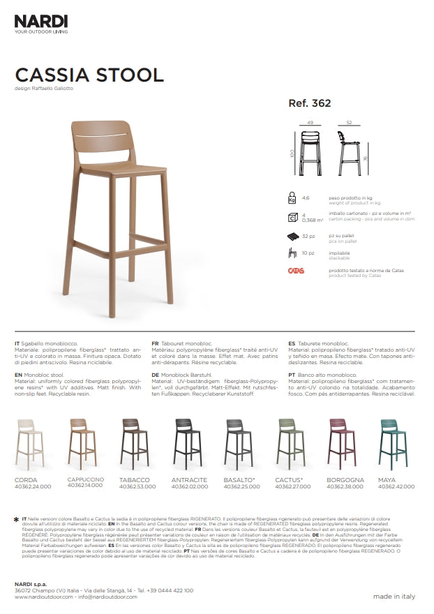 nardi nardi sgabello cassia stool colore tabacco ean 8010352362536