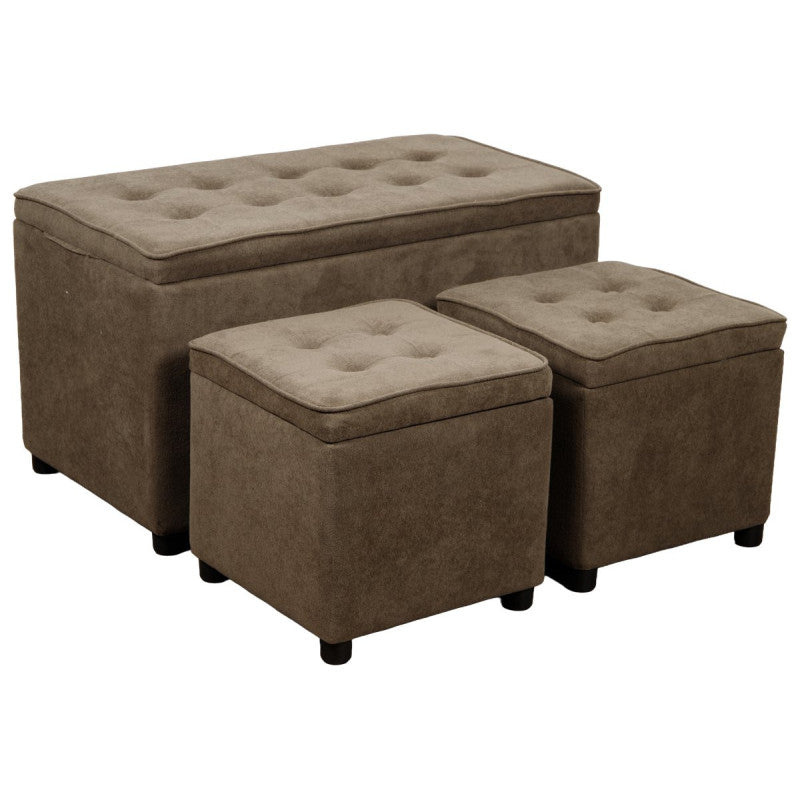 Dimo Set 3 Truhen + 2 Poufs Braies aus Stoff, Taubengrau