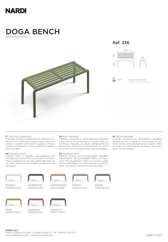 Nardi Doga Bench New Panchina da Esterno Agave 102,5 x 44 x 39 cm – Panchina Moderna per Giardino e Terrazzo