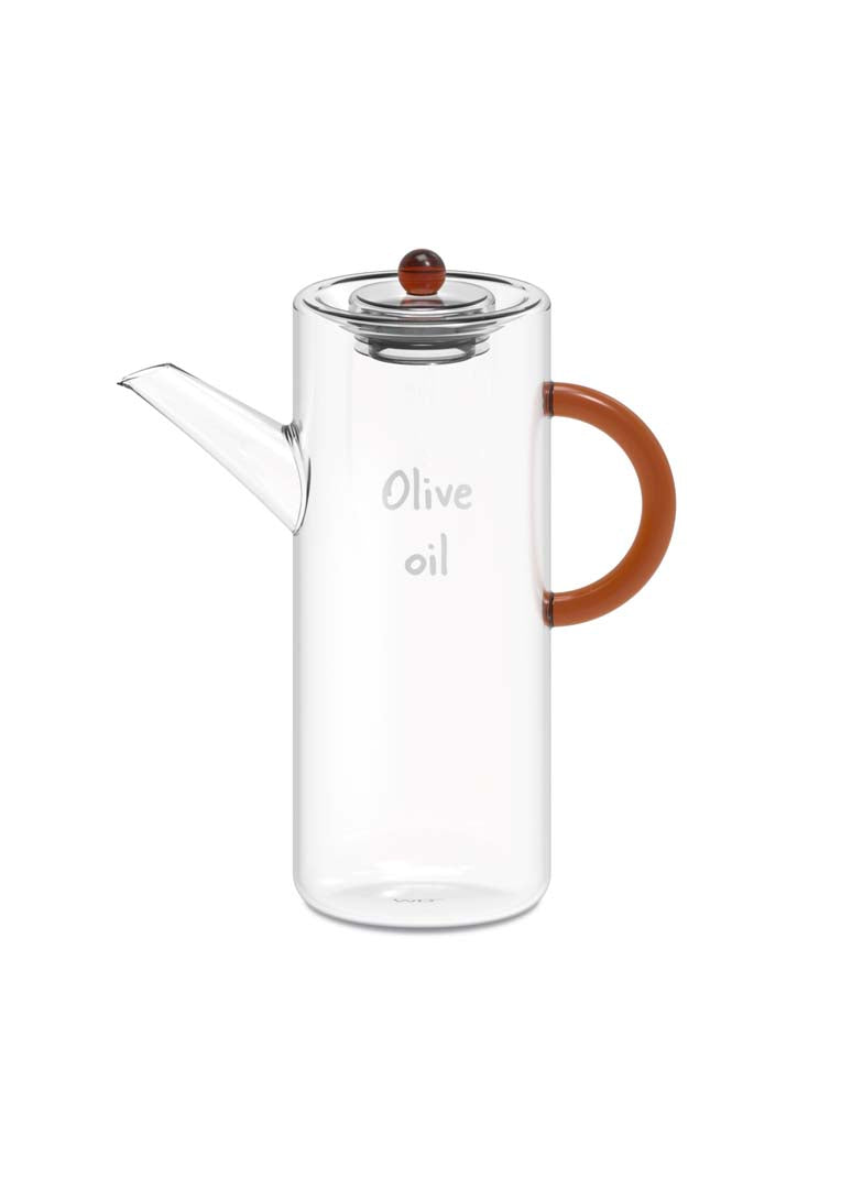 WD LifeStyle Ölkanne aus Borosilikatglas, transparent mit braunem Griff und Schriftzug Olive Oil – Tischölkanne