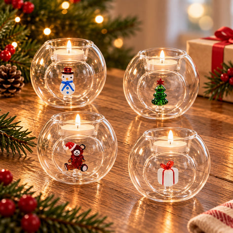 WD LifeStyle Kerzenhalter Teelicht Weihnachtsmotiv aus Glas sortiert 1 Stk. – Dekorativer Weihnachtskerzenhalter