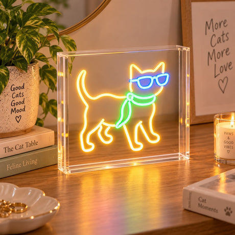 WD LifeStyle Leuchtreklame Neon Katze 23x23 cm aus Plexiglas – LED Dekorationsleuchte