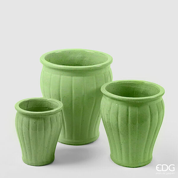 EDG Enzo De Gasperi Vase Glaze abgeflacht mit Rillen Set 3 St. H 40 cm H 33 cm H 25,50 cm Hellgrün